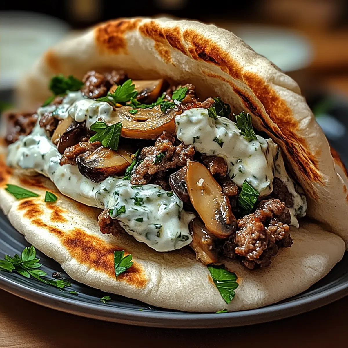 Cheesy Beef and Mushroom Pita Pockets with Tzatziki Sauce jeowkr