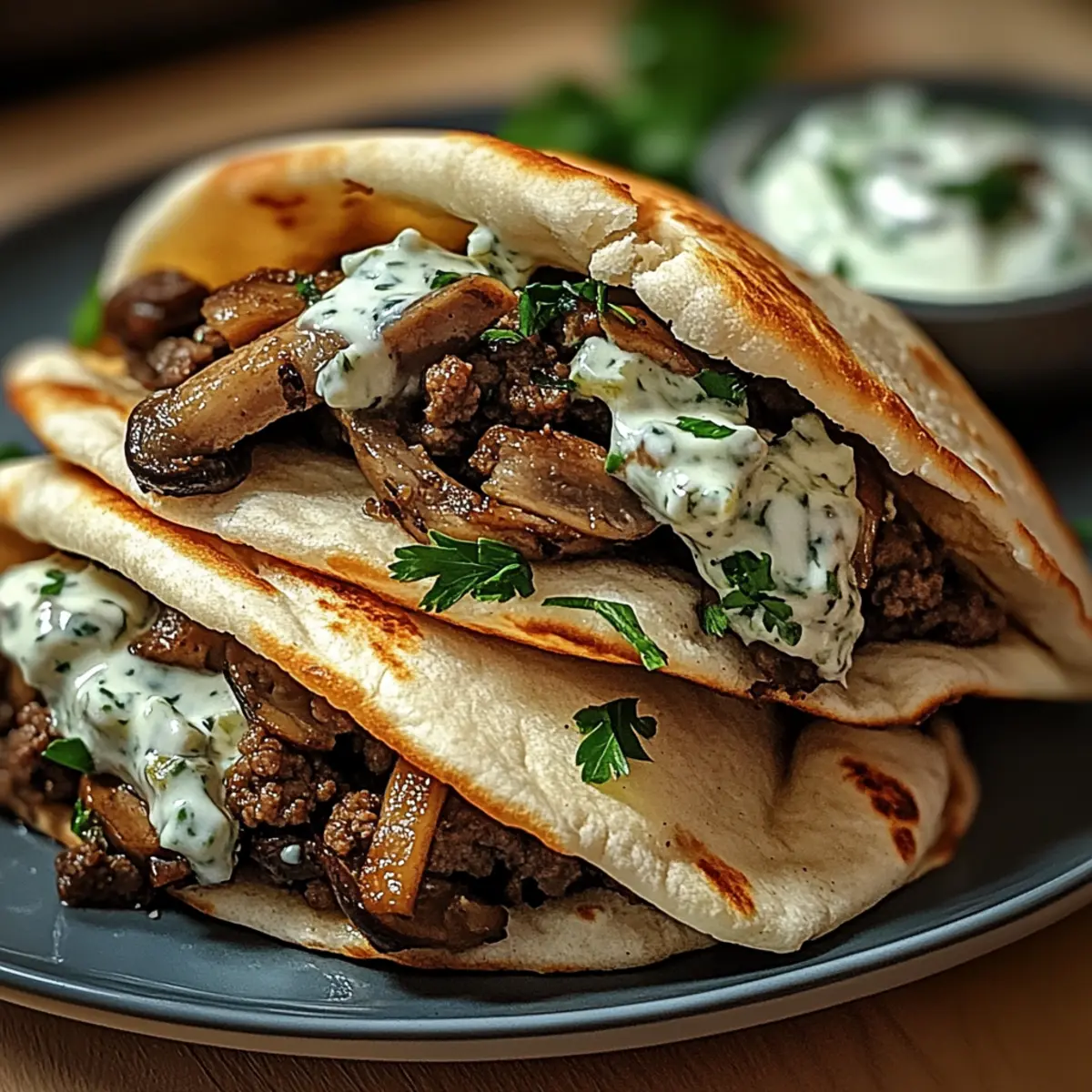Cheesy Beef and Mushroom Pita Pockets with Tzatziki Sauce zpihtc