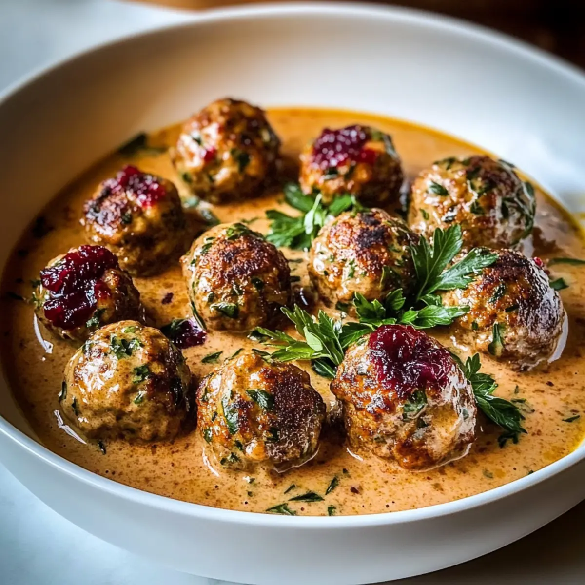 Thanksgiving Turkey Cranberry Meatballs in Creamy Herb Sauce