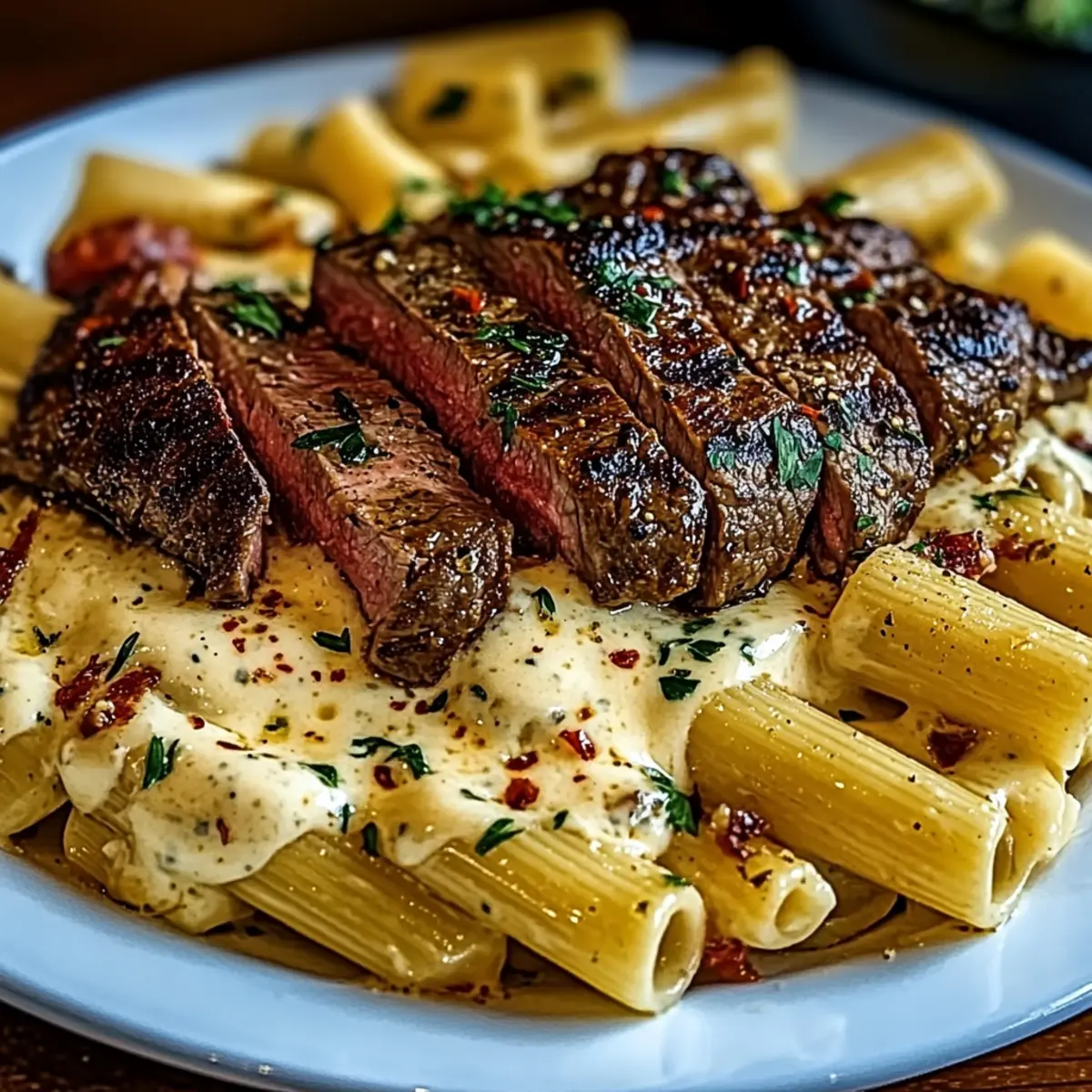 Cheesy Cajun Garlic Butter Steak with Creamy Rigatoni
