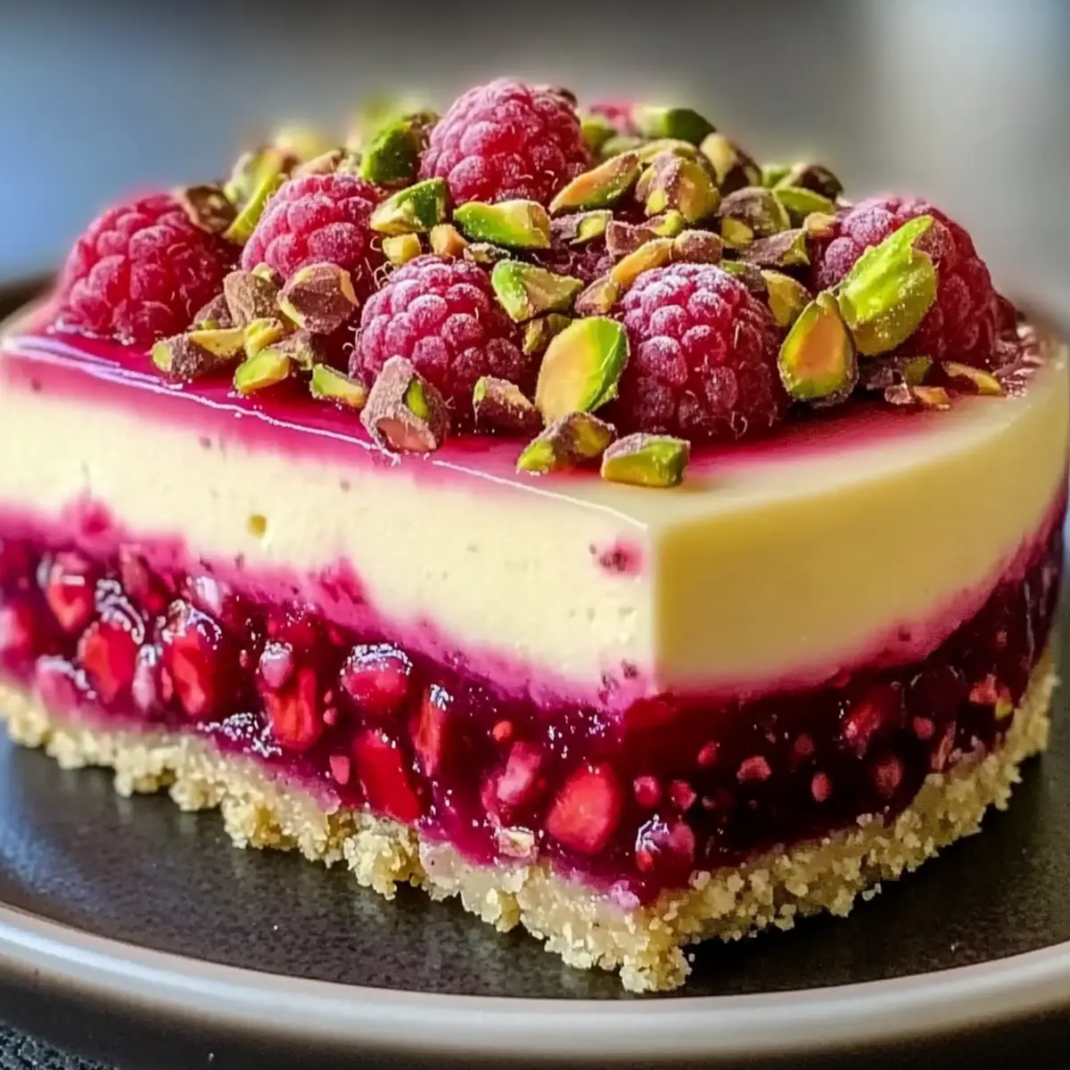 Pistachio Raspberry Crunch Cheesecake