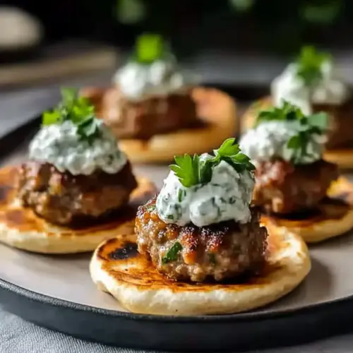Mini Greek Meatball Bites with Tzatziki on Pita