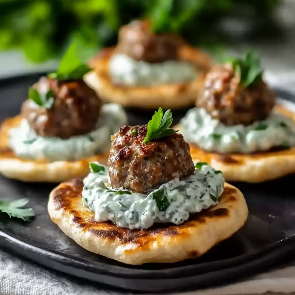 Mini Greek Meatball Bites with Tzatziki on Pita