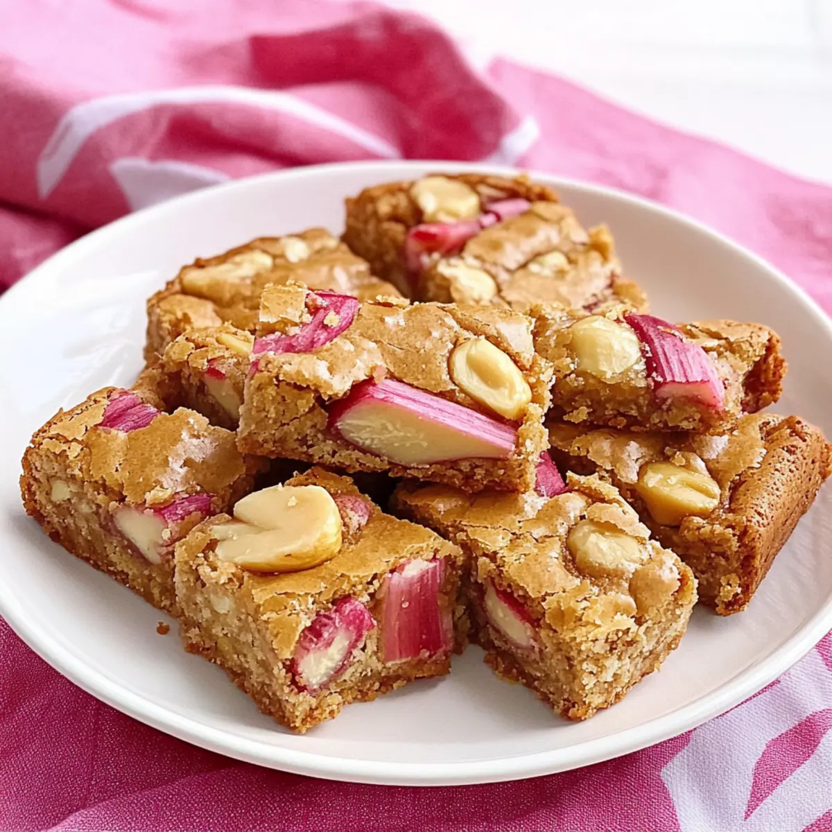 Rhubarb macadamia blondies
