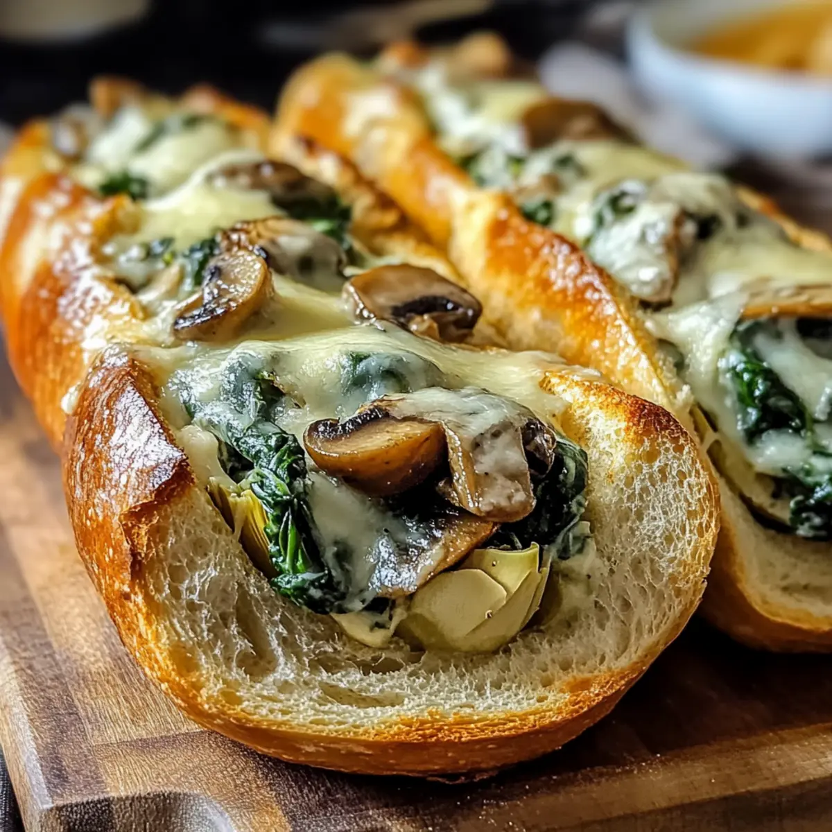 Cheesy Spinach Artichoke & Mushroom Stuffed Baguette Bliss 4 Cheesy Spinach Artichoke & Mushroom Stuffed Baguette