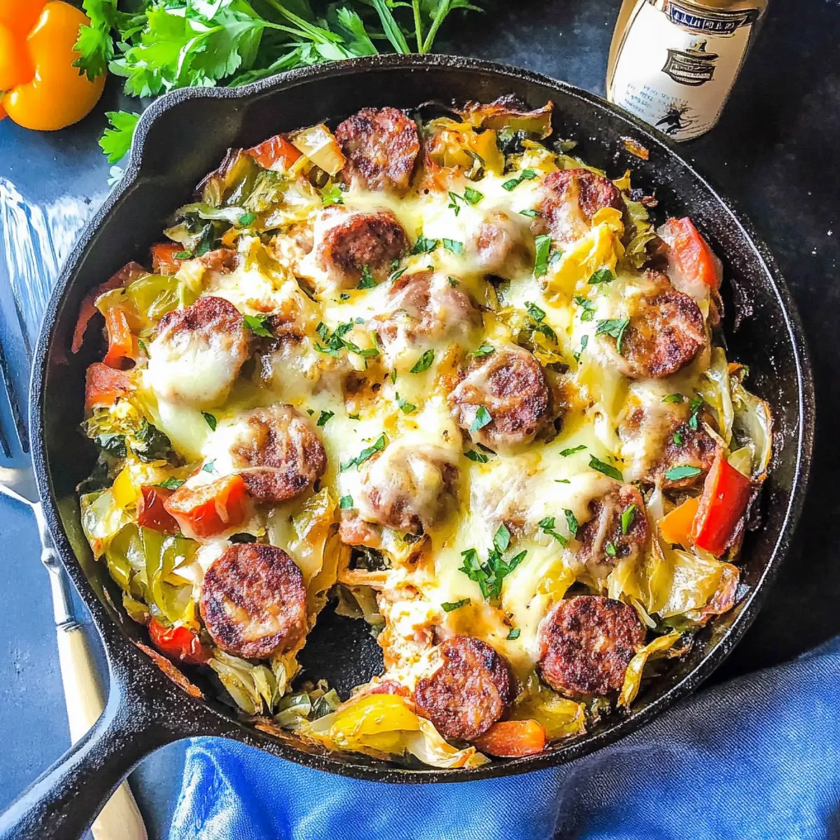 Keto Cheesy Cabbage Sausage Skillet