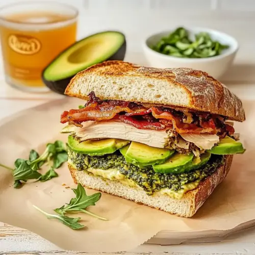 Picnic Style Pesto Turkey and Avocado Bacon Sandwich