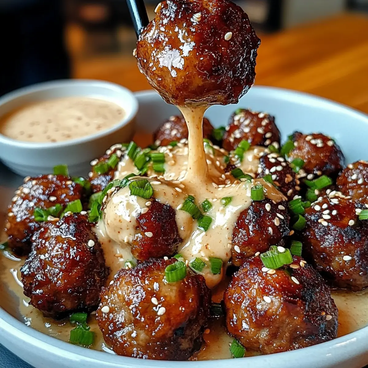 Savory Korean BBQ Meatballs with Creamy Spicy Mayo Dip 4 Korean BBQ Meatballs with Spicy Mayo Dip