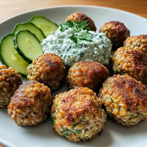 Baked Greek Lentil Meatballs with Tzatziki